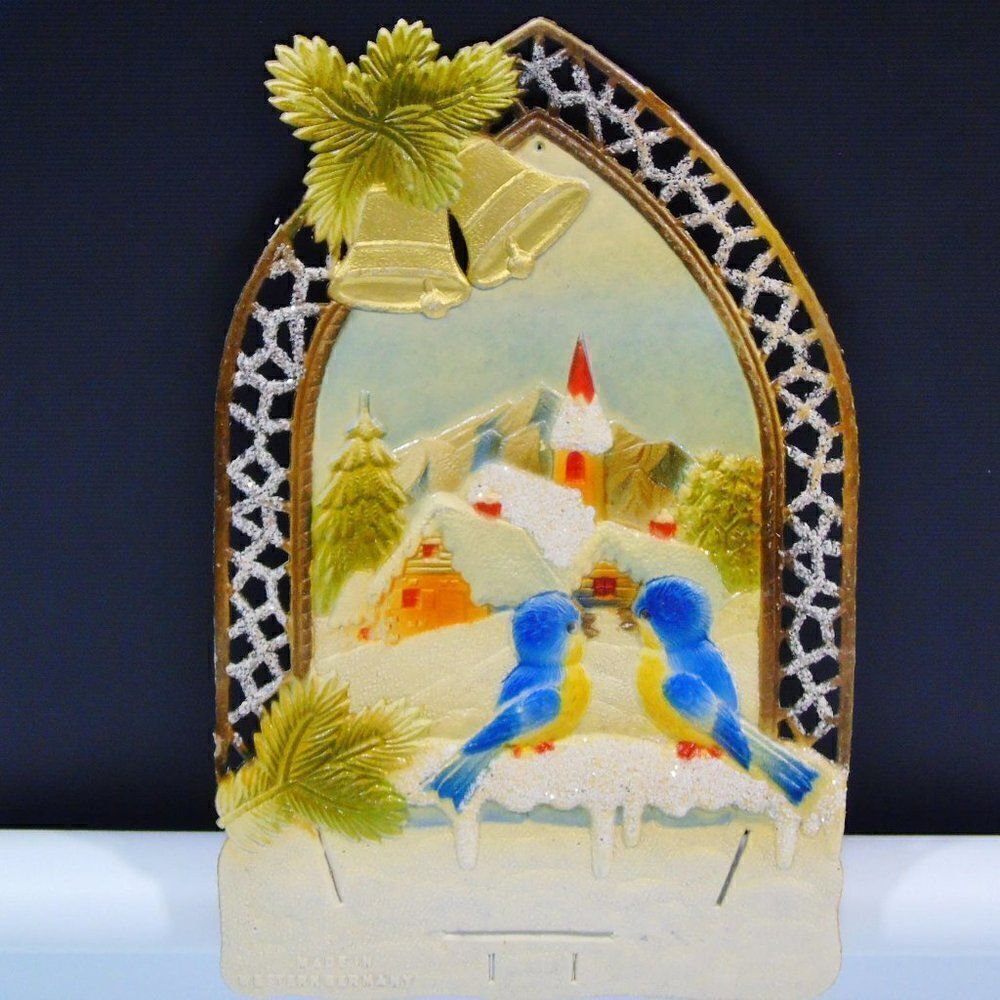 Vintage Merry Christmas Happy New Year German Alps Die Cut Embossed Sign Wall